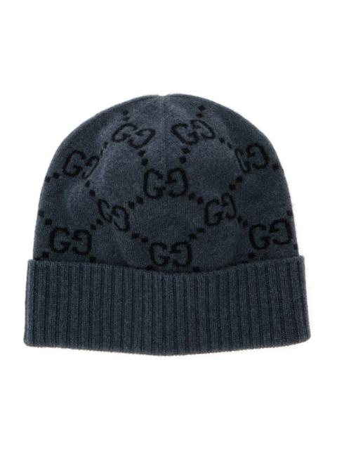 GUCCI Gucci Men Grey Beanie With Turn-Up Brim In Gg Jacquard Cashmere Man