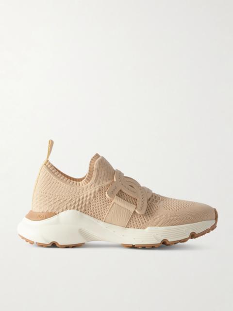 Tod's Leather-trimmed stretch-knit slip-on sneakers Beige