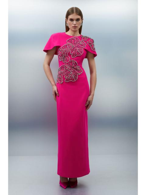 KAREN MILLEN Petite Placed Floral Crystal Embellished Tailored Cape Maxi Dress