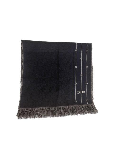 Christian Dior Black Wool Scarf W/ Monogram Pattern & Fringe