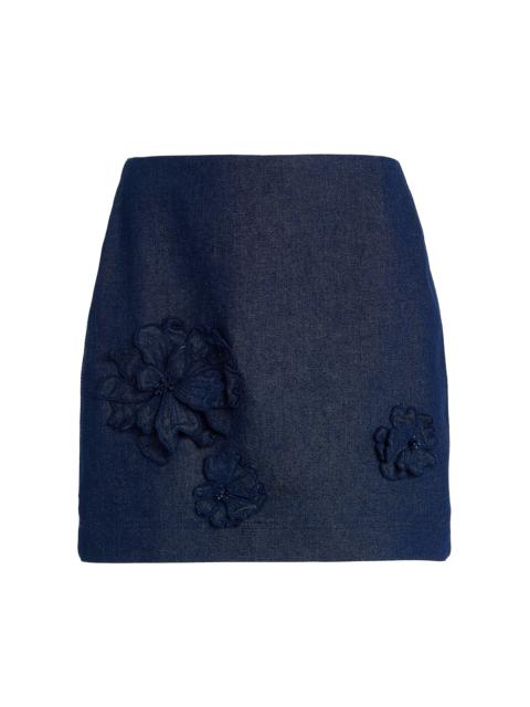 Oscar de la Renta Embroidered Stretch-Denim Mini Skirt dark wash