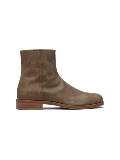 Common Projects Taupe Waxed Leather Zipper Boots