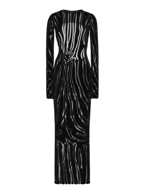 Balmain Open-Back Zebra-Patterned Velvet-Devoré Maxi Dress black