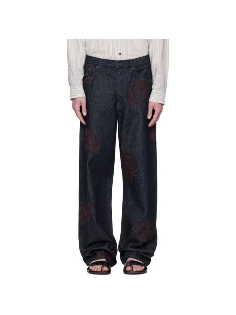 Dries Van Noten Navy Embroidered Pattern Jeans
