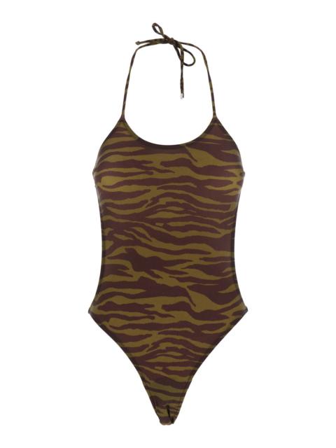 THE ATTICO The Attico Women Green Swimsuit With Halterneck With Tie And All-Over Print In Tech Fabric Stretch W