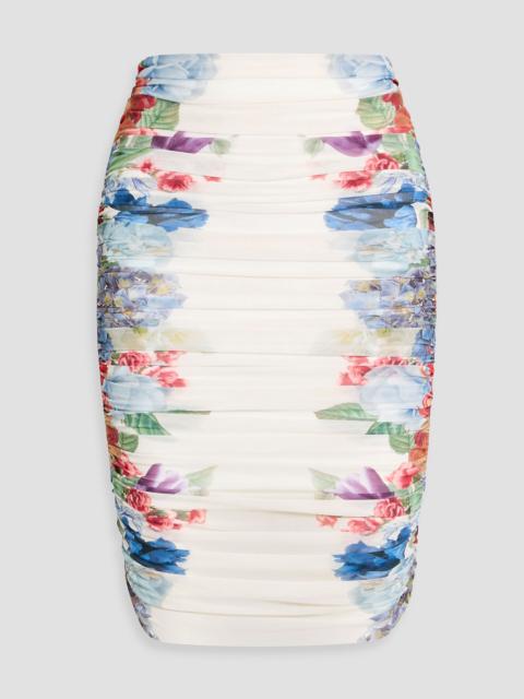 Alice + Olivia Kennah ruched floral-print mesh skirt