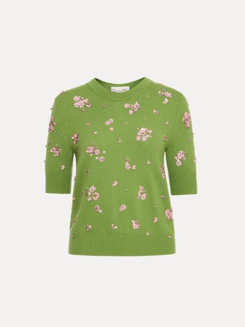Oscar de la Renta CRYSTAL CLUSTER EMBROIDERED PULLOVER