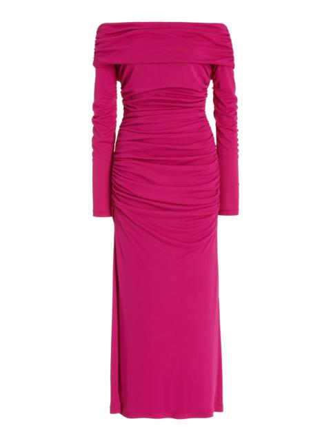 CAROLINA HERRERA Ruched Off-The-Shoulder Jersey Midi Dress pink