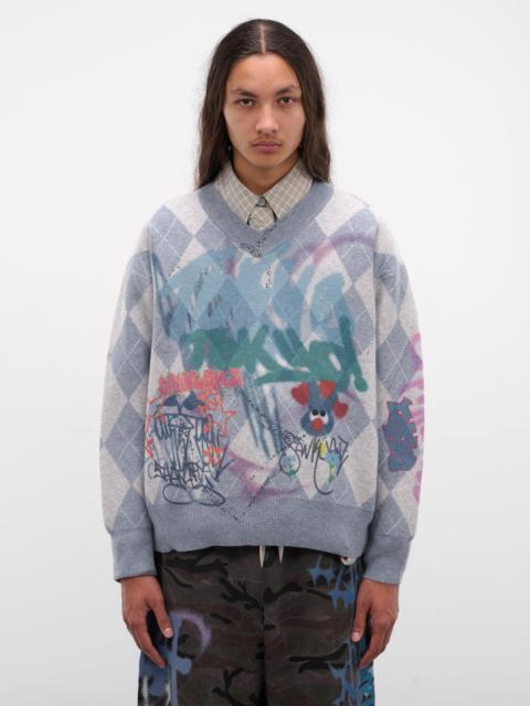 Sankuanz Gray Argyle Graffiti Sweater