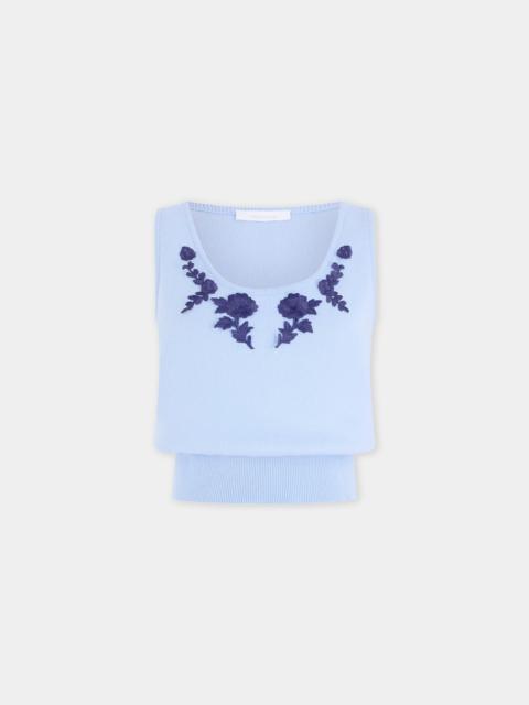 rabanne TANK TOP IN BLUE KNITTED WOOL WITH FLOWER EMBROIDERY
