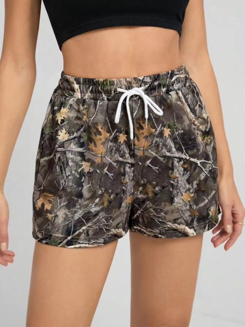Vintage - Drawstring Shorts Branch Print Camouflage Shorts
