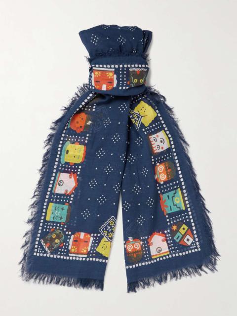 Frayed Printed Cotton-Blend Gauze Scarf