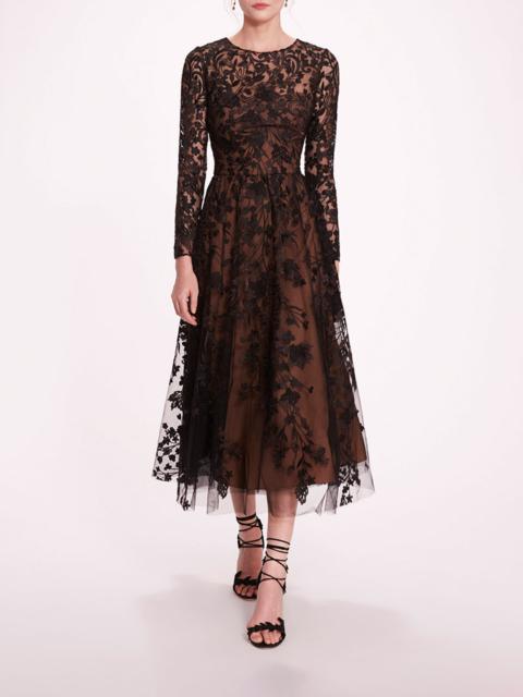 Marchesa LONG SLEEVE TULLE MIDI DRESS