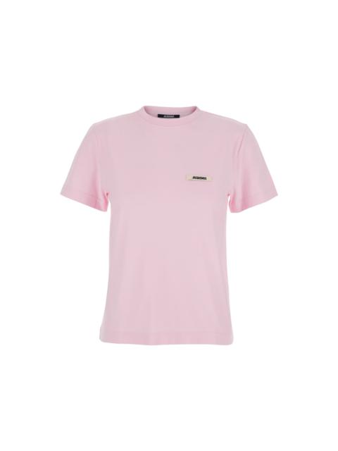JACQUEMUS Pink Crew Neck T-shirt With Logo Patch On The Front In Cotton Woman