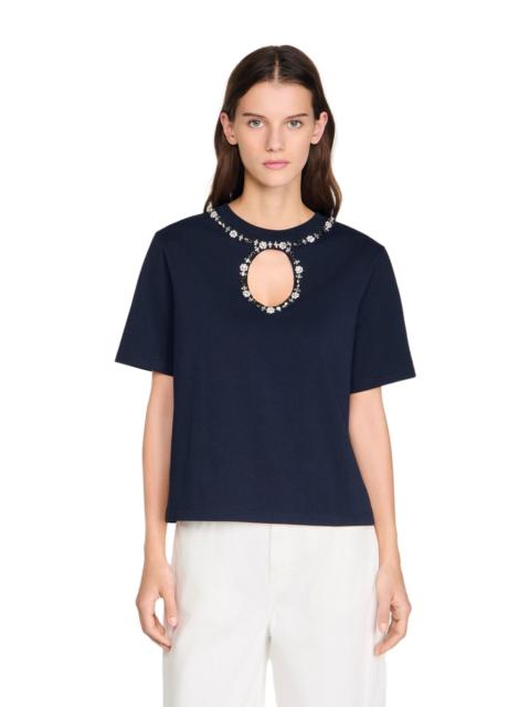 Sandro SANDRO Rhinestone openwork T-shirt in Navy Blue at Nordstrom
