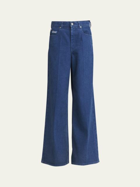 Logo-Embroidered Five-Pocket Wide-Leg Denim Jeans