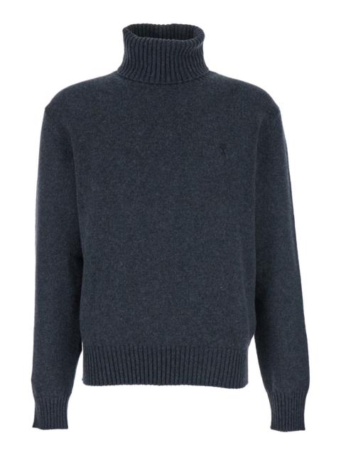 AMI Paris Ami Paris Men Grey Turtleneck Sweater With Ribbed Trims In Cashmere Man
