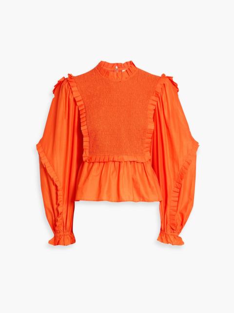 FARM RIO Shirred ruffled cotton-voile blouse