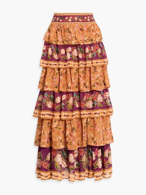 FARM RIO Tiered floral-print crepe de chine maxi skirt