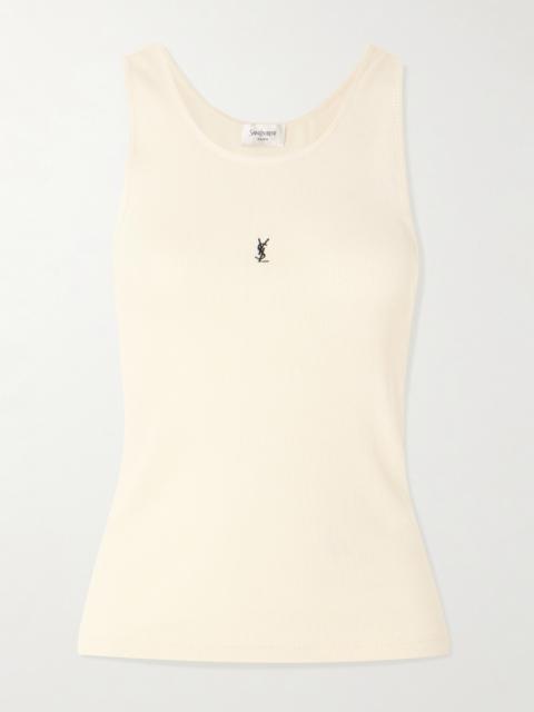 SAINT LAURENT Cassandre Embroidered Ribbed Cotton-jersey Tank