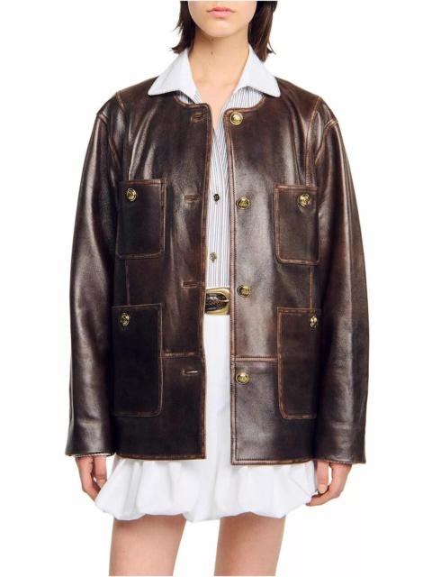 Sandro Long Distressed Leather Jacket