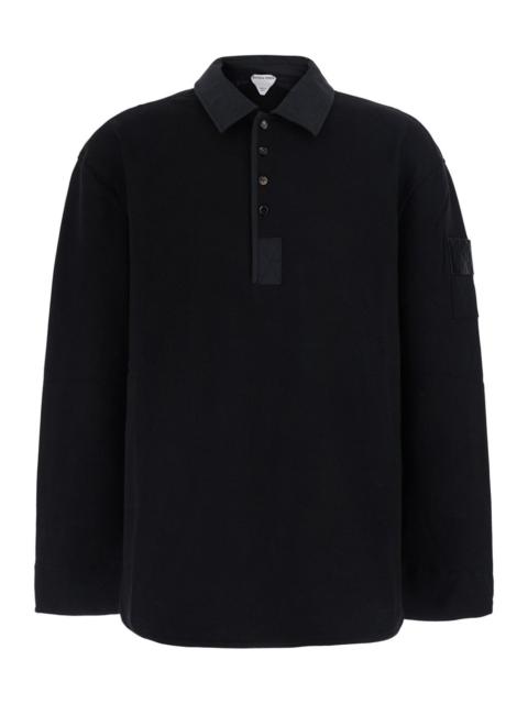 Bottega Veneta Bottega Veneta Men Black Sweatshirt With Polo Collar And Patch With Intreccio On The Sleeve In Cotto