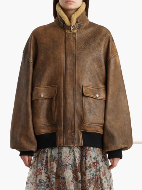 KHAITE Khaite Sandor Distressed Leather Bomber Jacket in Dark Brown at Nordstrom