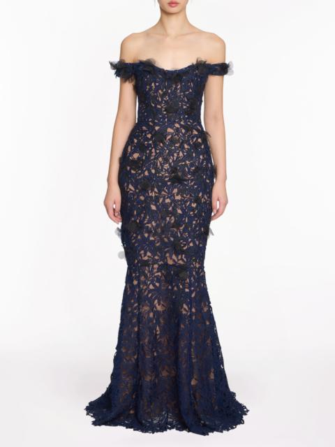 Marchesa GUIPURE LACE OFF SHOULDER GOWN