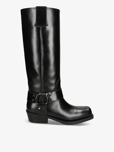 Rockstud leather knee-high biker boots