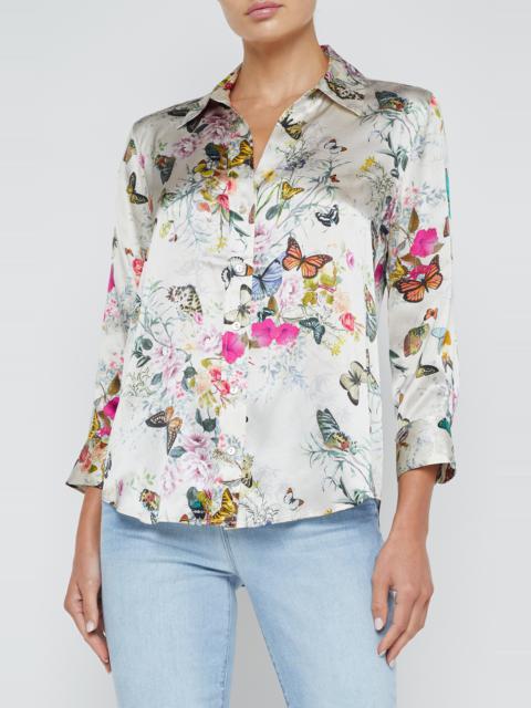 L'AGENCE L'AGENCE Dani Butterfly Print Silk Button-Up Shirt in White Multi Charonda Butterfly at Nordstrom