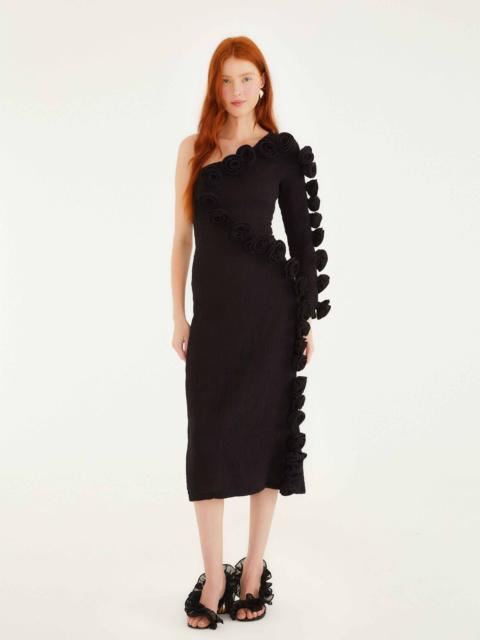 FARM RIO Black 3D Rose One-Shoulder Midi Dress