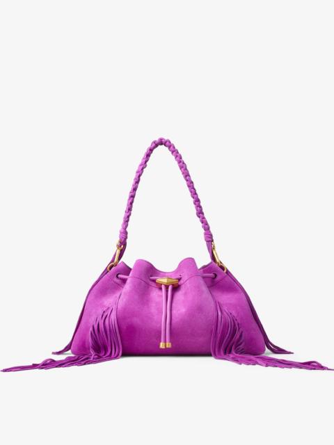 JIMMY CHOO Cinch Medium
Violet Orchid Suede Bucket Bag with Fringes