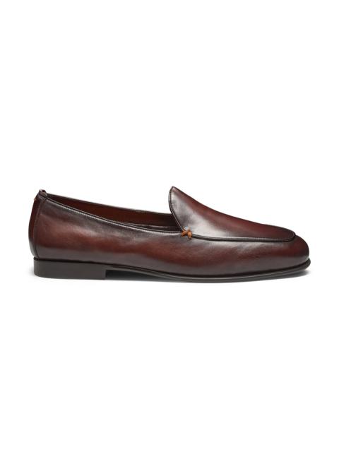 Santoni Men's dark brown leather loafer with fur
