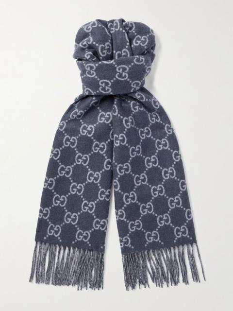 GUCCI Fringed Logo-Jacquard Cashmere Scarf Blue