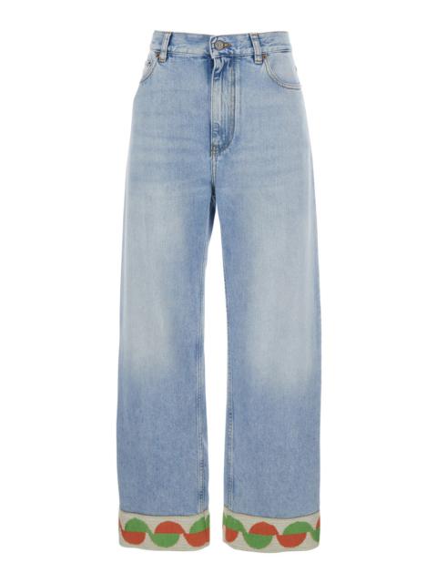 Valentino Women Light Blue Jeans With Logo Patch On The Back And Jacquard Cuffs In Denim Woman