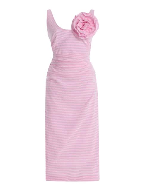 BERNADETTE Gisele Brooch-Detailed Striped-Seersucker Midi Dress pink