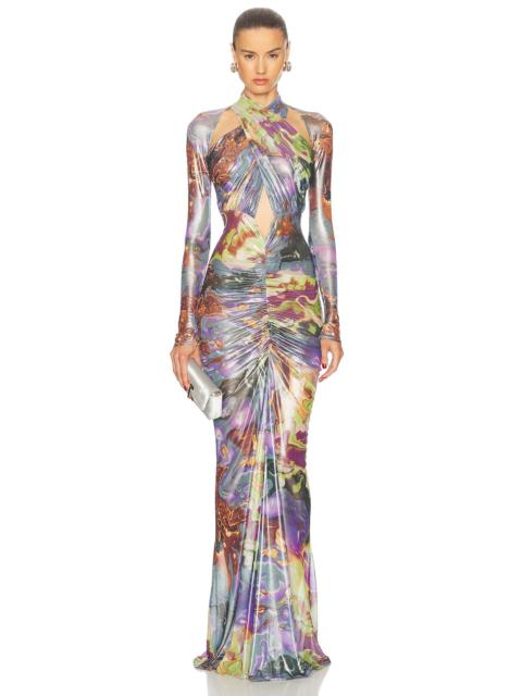 LAPOINTE Printed Mesh Halter Ruched Gown