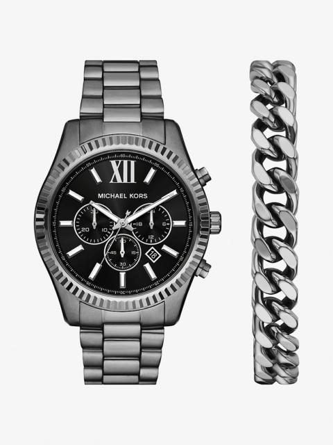 MICHAEL KORS Oversized Lexington Gunmetal Watch and Bracelet Gift Set