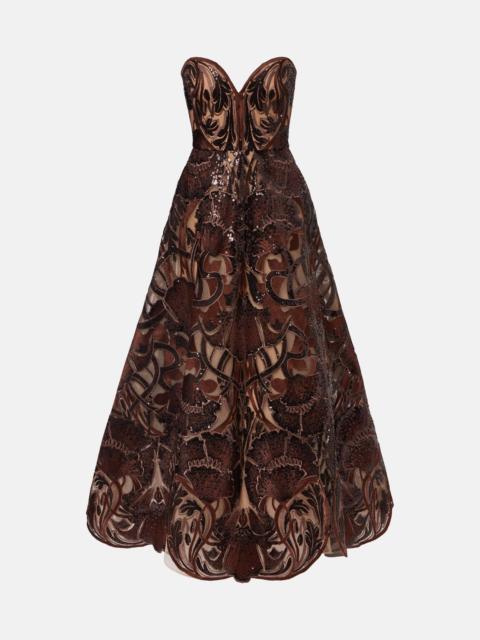 ELIE SAAB Floral sequined strapless gown