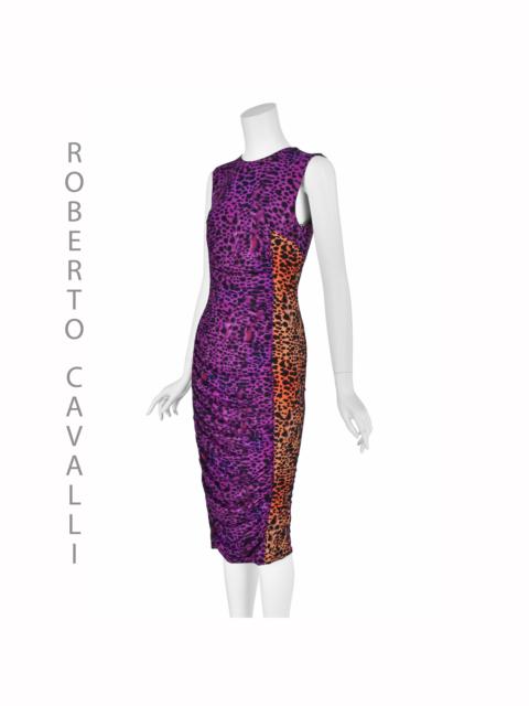 Roberto Cavalli Purple & Orange Leopard Print Knit Midi Dress 