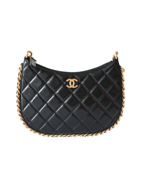 CHANEL Chanel Quilted Lambskin Round Hobo Shoulder Bag Gold Hardware Black