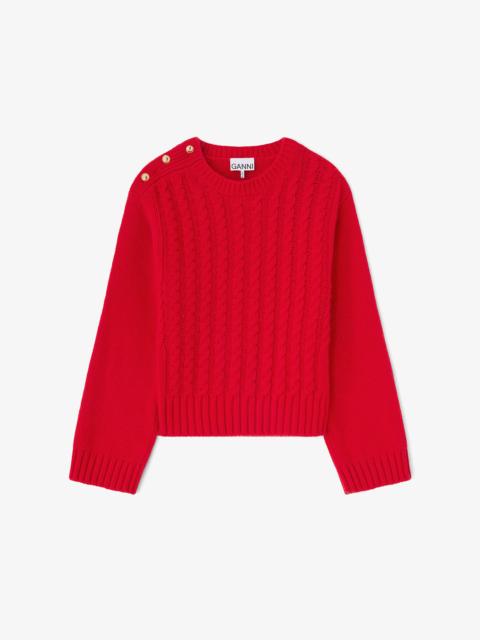 GANNI RED CABLE WOOL MIX SWEATER