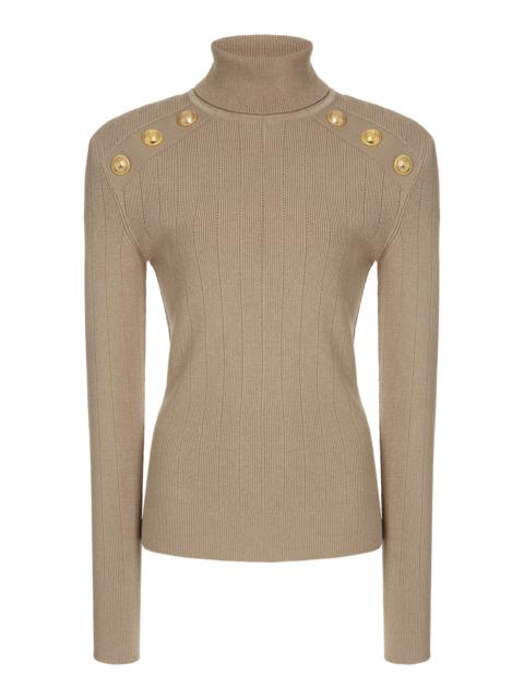 Balmain Button-Trimmed Knit Turtleneck Sweater brown