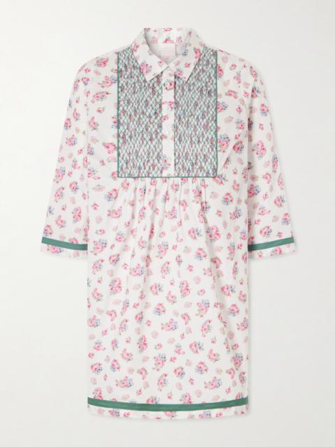 LORETTA CAPONI Alassio Shirred Embroidered Floral-print Cotton-poplin Mini Dress
