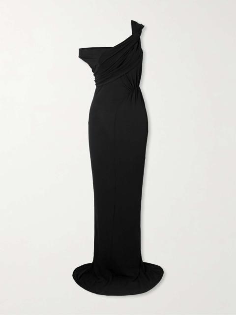 Sahara asymmetric paneled gathered jersey gown Black