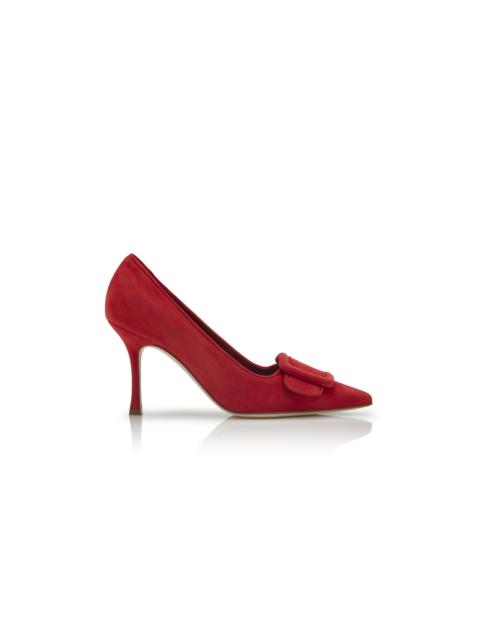 Manolo Blahnik Bright Red Suede Buckle Detail Pumps