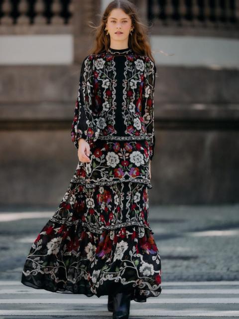 FARM RIO Black Rococo Flowers Ruffled Maxi Dress