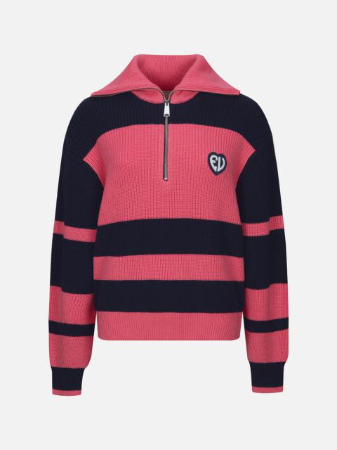EVISU “EV” HEART BADGE STRIPED CROPPED HALF-ZIP SWEATER