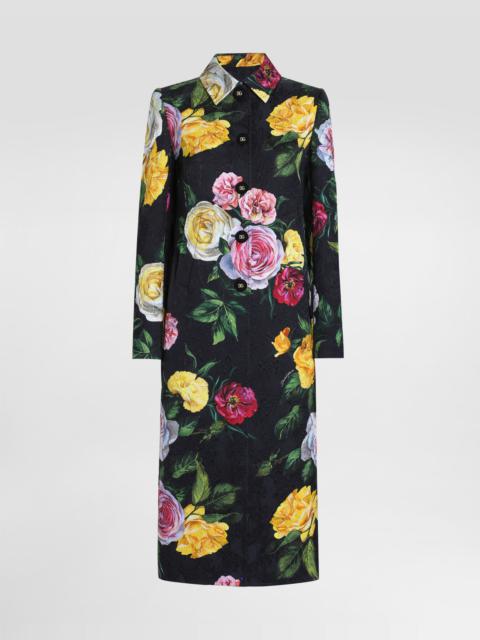 Single-breasted peony and rose-print brocade coat