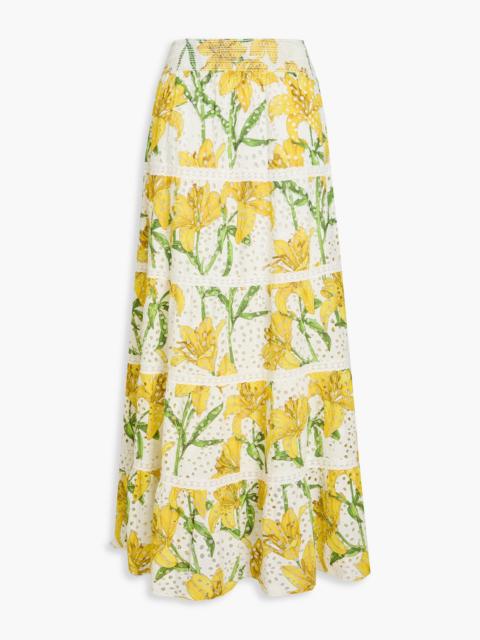 Alice + Olivia Aisha tiered floral-print broderie anglaise cotton maxi skirt